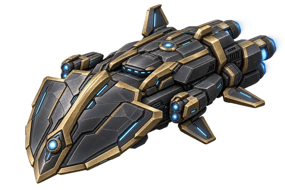 Kalkan biçimli zırhlı burnu ve mavi enerji düğümleri bulunan Rex Stellarum Guardian gemisi.