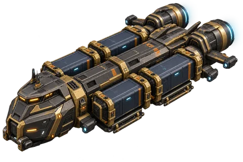 Dört modüler konteyner taşıyan siyah ve altın Rex Stellarum Hauler nakliye gemisi.