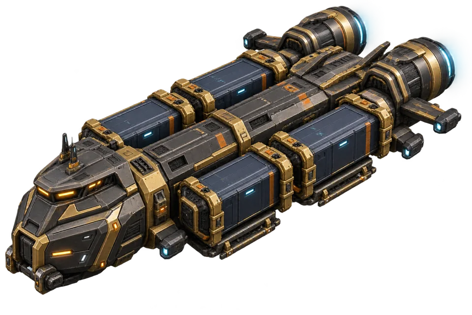 Dört modüler konteyner taşıyan siyah ve altın Rex Stellarum Hauler nakliye gemisi.
