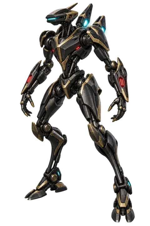 Siyah-altın zırhlı, kırmızı silah ışıkları ve mavi sensörü bulunan Rex Stellarum savaş Robotu.