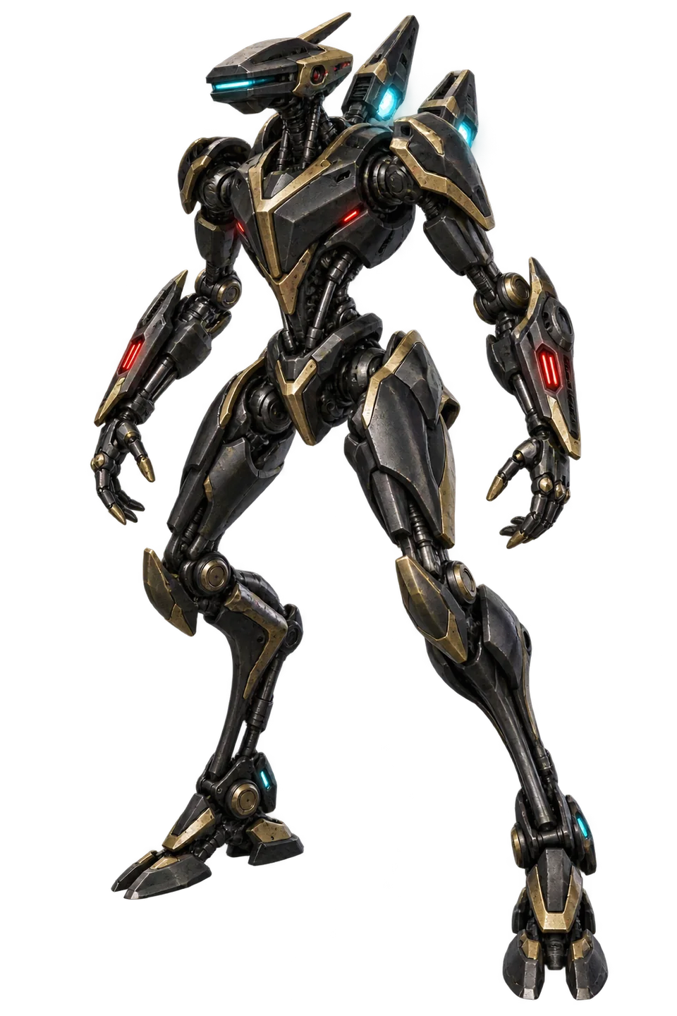 Siyah-altın zırhlı, kırmızı silah ışıkları ve mavi sensörü bulunan Rex Stellarum savaş Robotu.