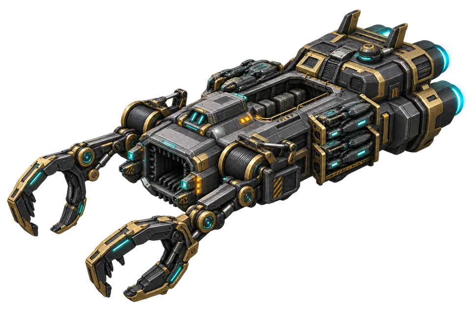 İki büyük kurtarma kolu ve açık ayrıştırma haznesi bulunan Rex Stellarum Salvager gemisi.
