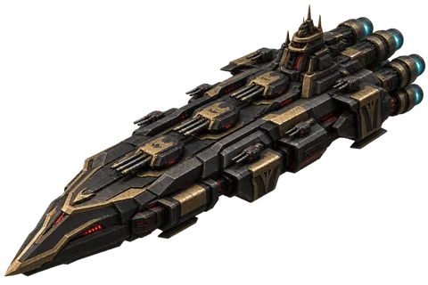 Üç ağır ana bataryası ve altı motoru bulunan siyah-altın Rex Stellarum Warship gemisi.
