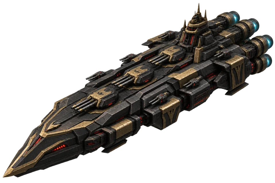 Üç ağır ana bataryası ve altı motoru bulunan siyah-altın Rex Stellarum Warship gemisi.
